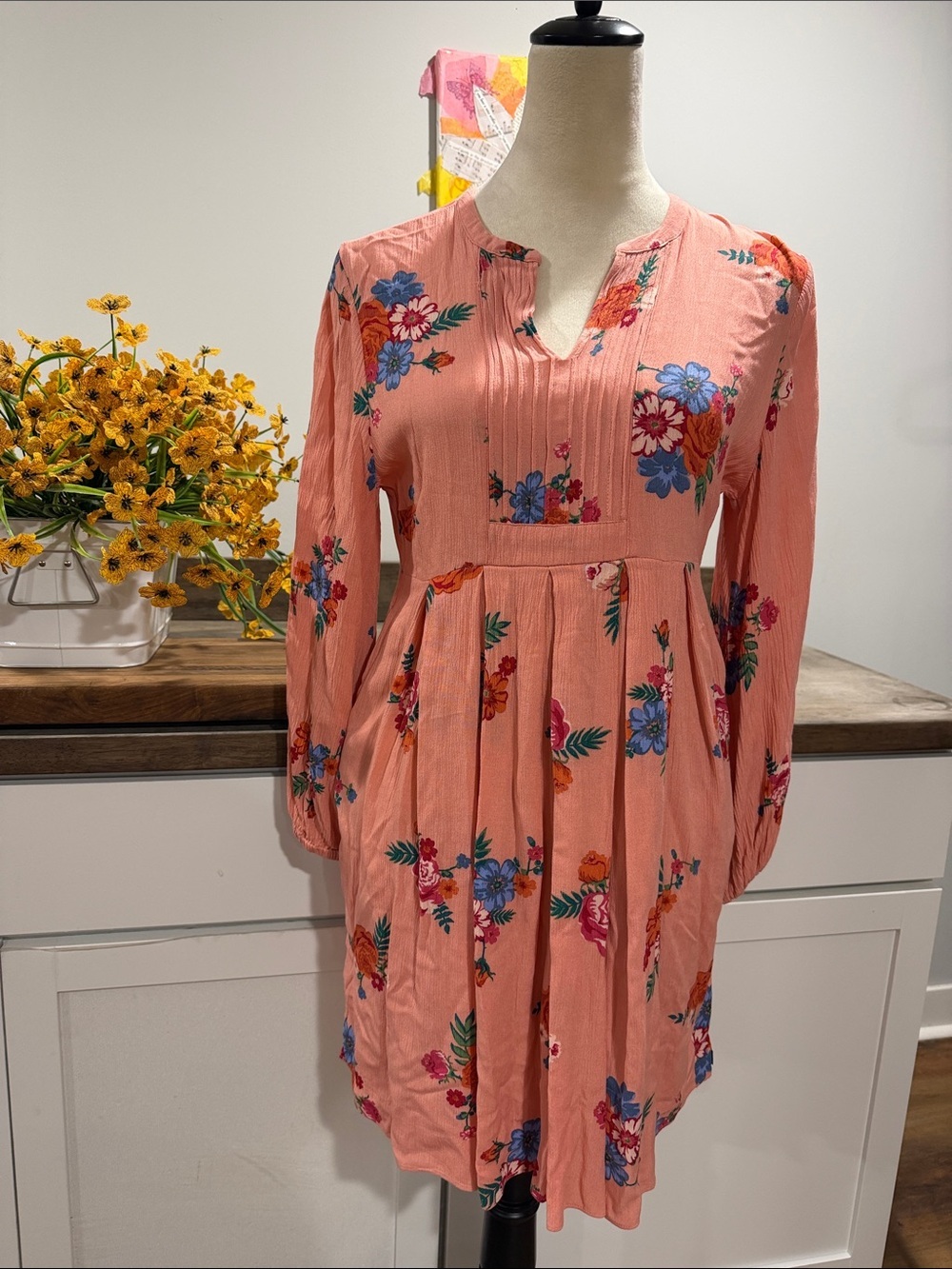 Matilda Jane Women Pink Floral Pintuck Empire Waist Rayon Mini Dress XS Boho